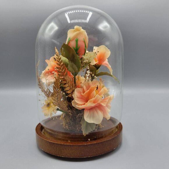 Vintage Decorative Glass Dome Terrarium Diorama Butterfly Flowers Wood Base - Picture 4 of 12